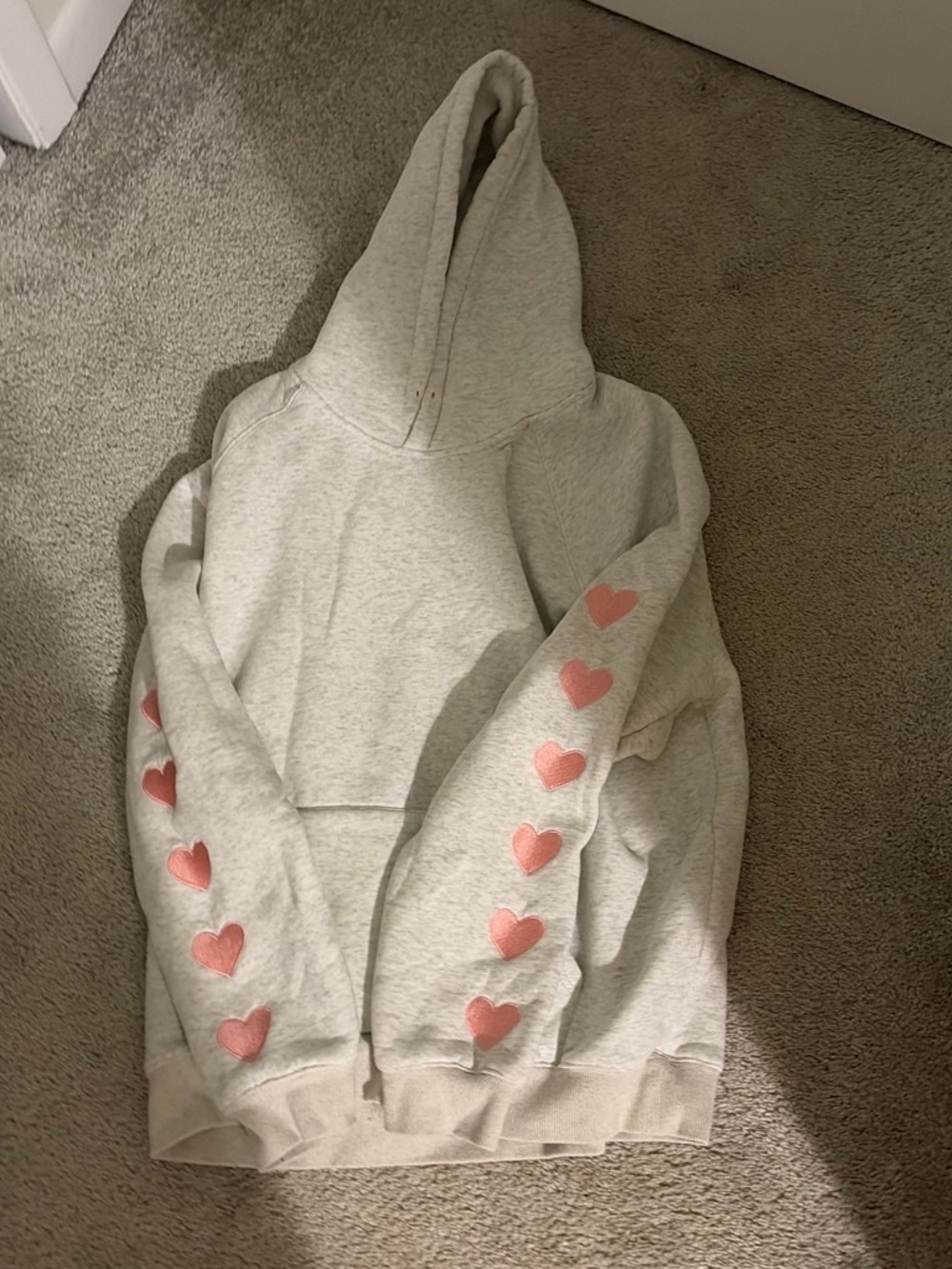 Women's Light Gray Hoodie with Pink Heart Sleeve Accents
